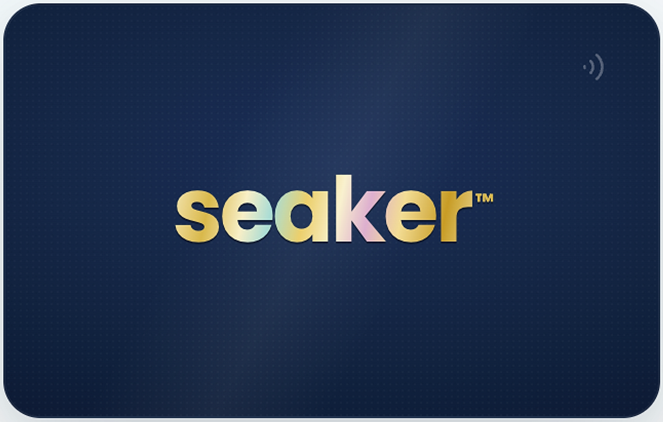 The Seaker Connect card — deep navy with the gold holographic seaker wordmark